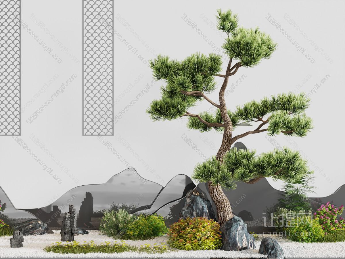 中式庭院松树景观园艺小品