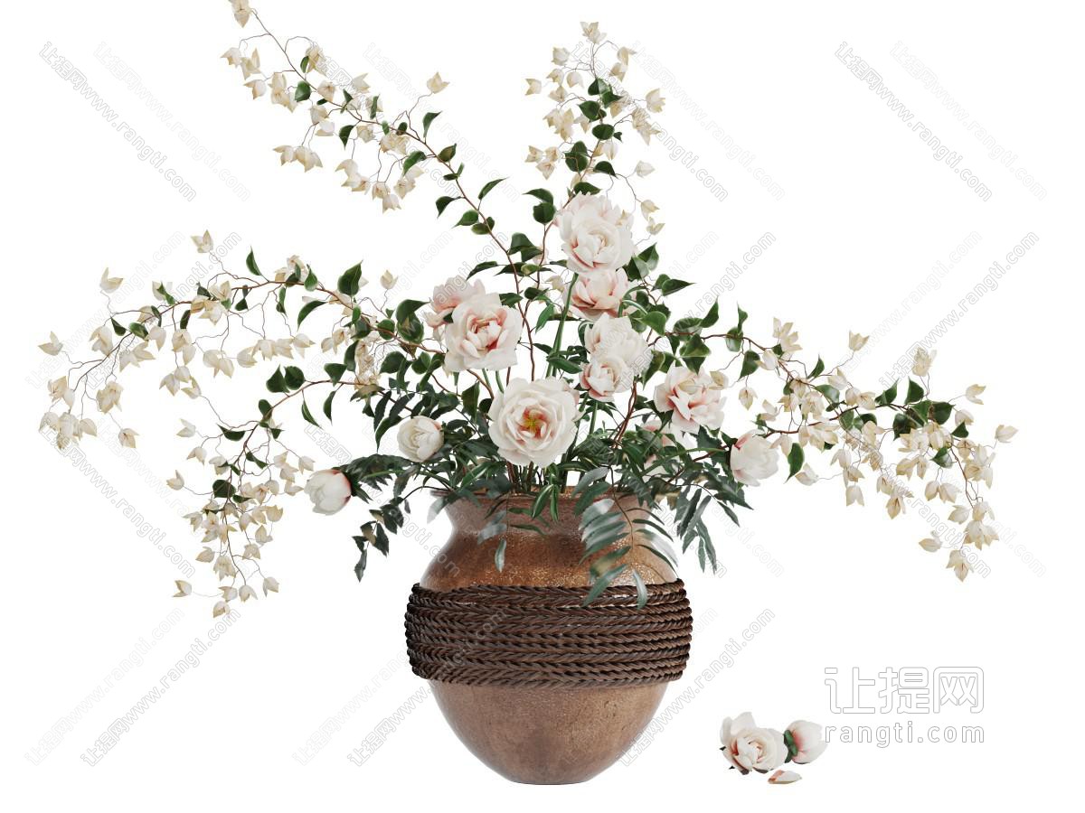 土陶绳编装饰的花瓶花卉