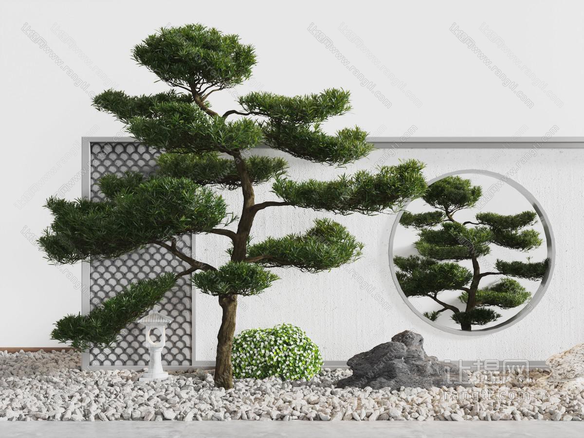 中式松树石头庭院景观园艺小品