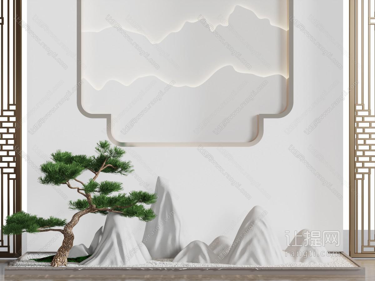 中式玄关松树假山景观小品