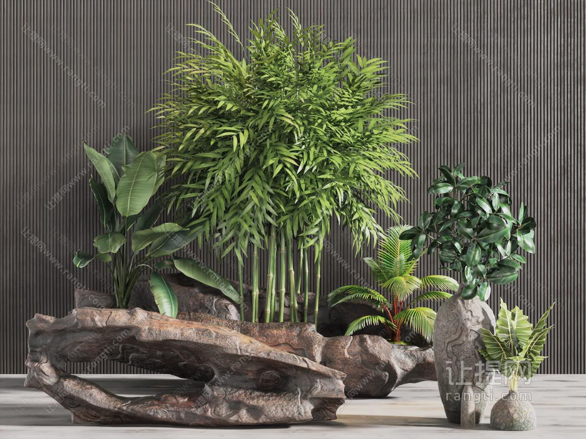 中式石头和柱子芭蕉植物景观小品