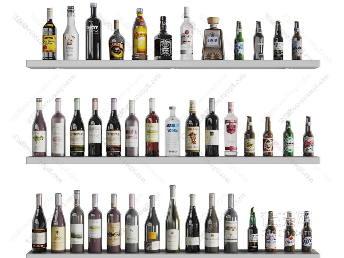 隔板上的红酒白酒啤酒瓶子
