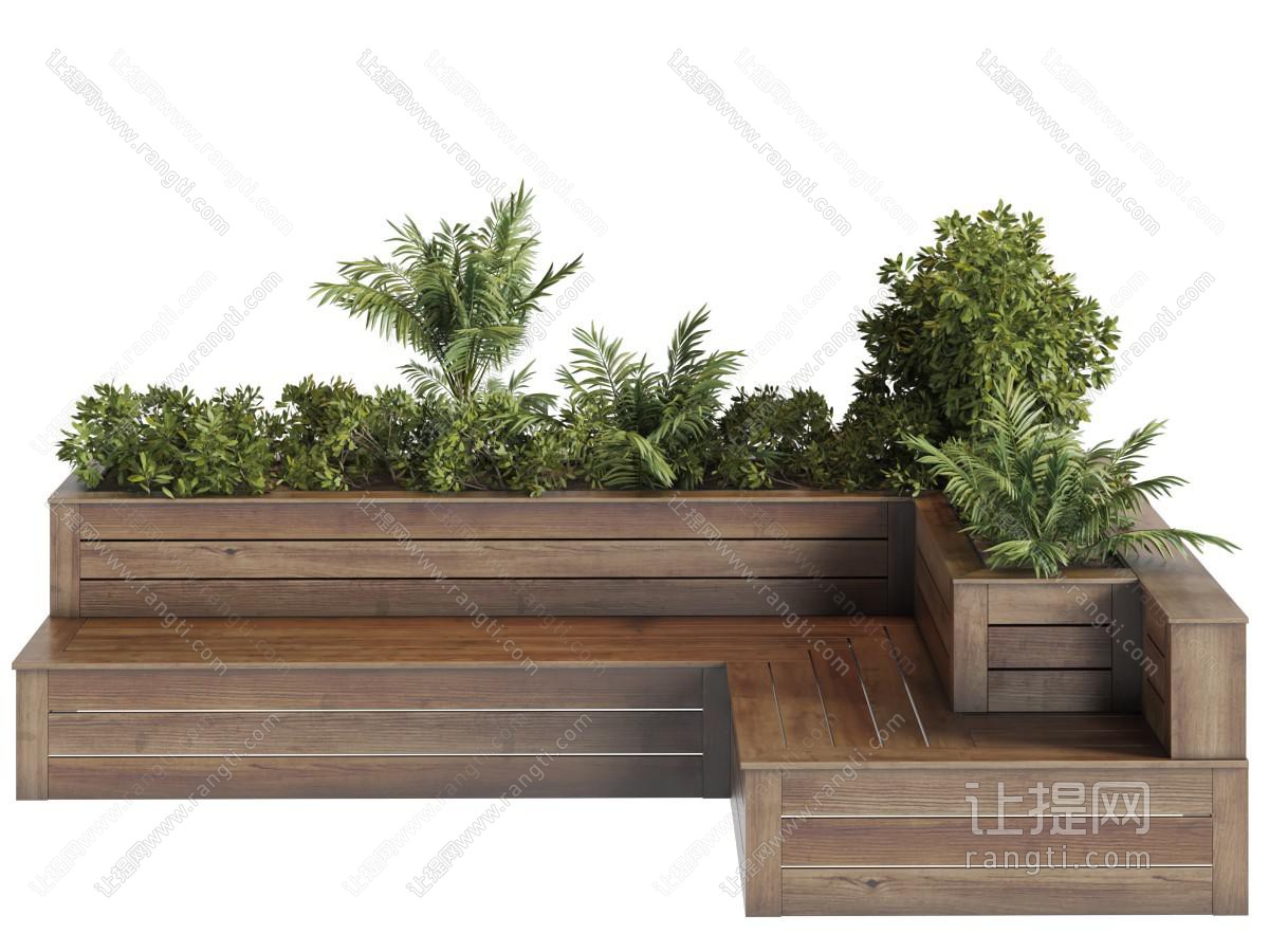 现代实木带公共椅的转角花坛