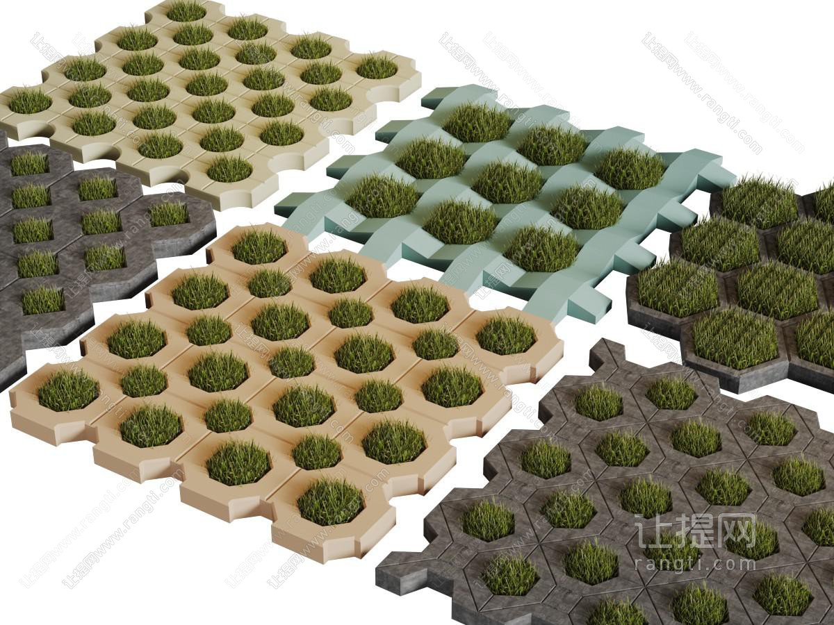 长满绿草的六边形方形草坪砖
