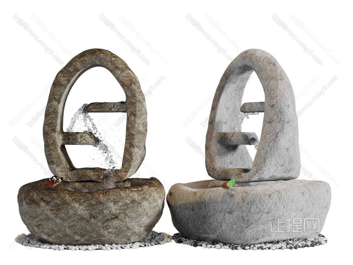 中式石磨造型的流水景观小品