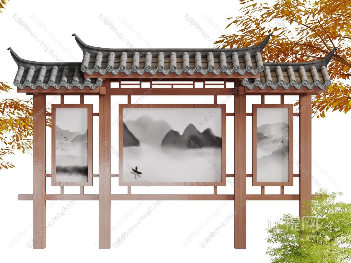 中式仿古山水木亭宣传栏园艺小品