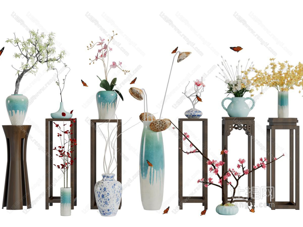 中式实木花架上的陶瓷花瓶花卉