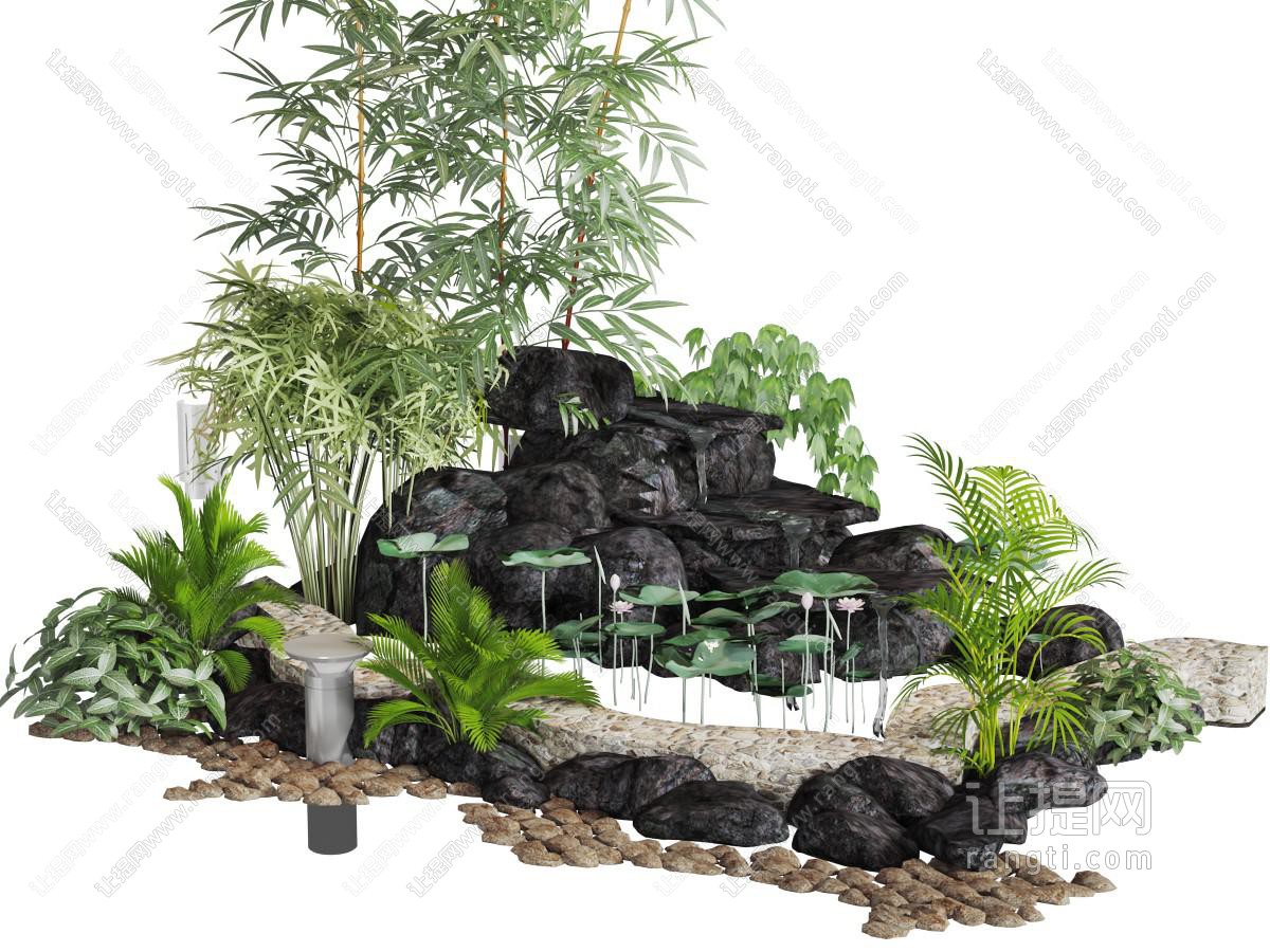 中式池塘荷花石头竹子园艺小品