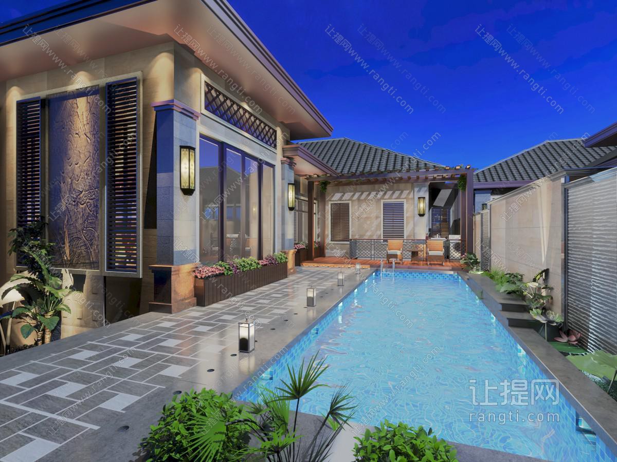 中式别墅庭院私家游泳池