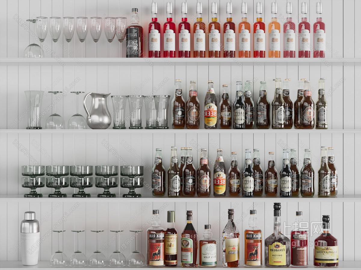 现代置物架上的酒瓶酒杯