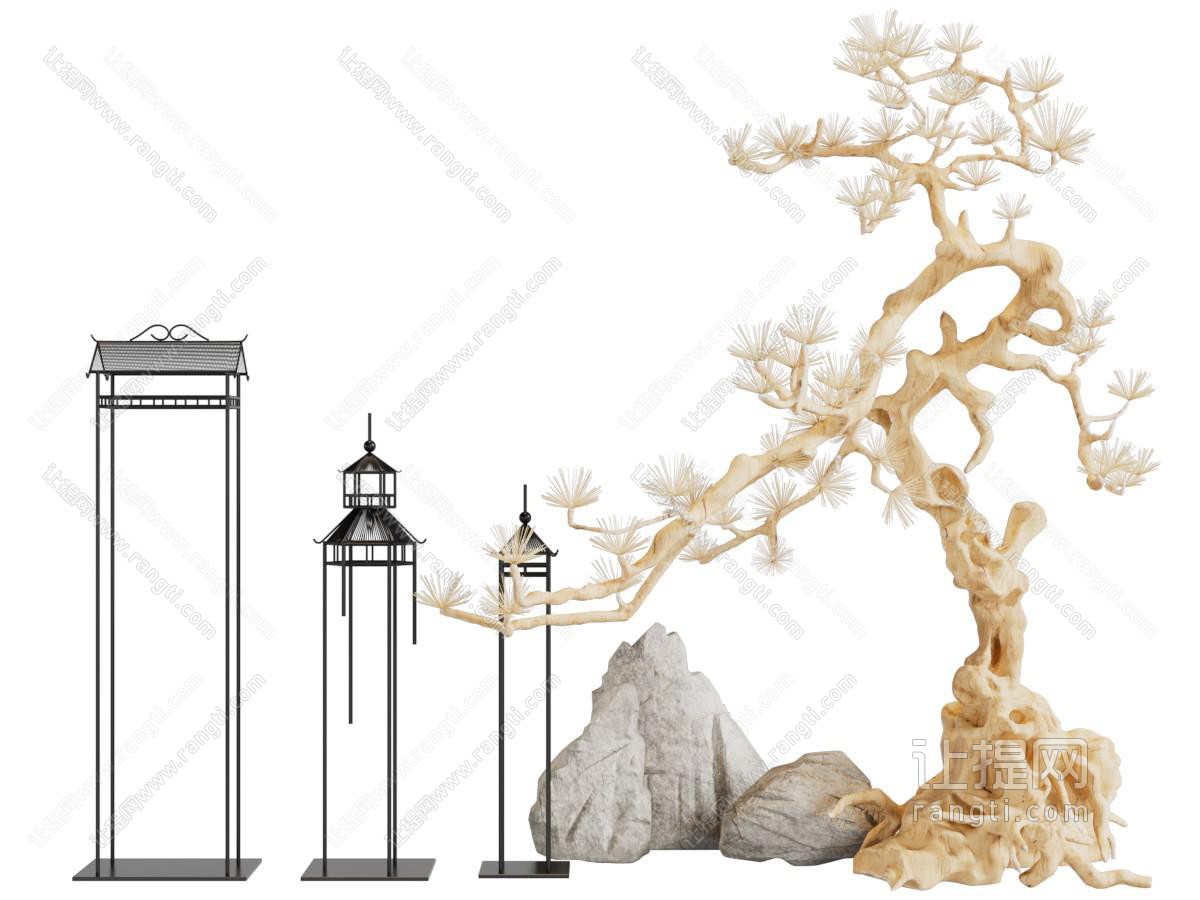 新中式松树假山地灯景观园艺小品
