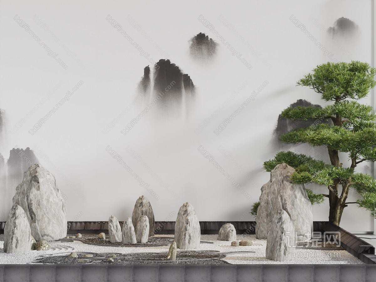 中式假山松树景观园林小品