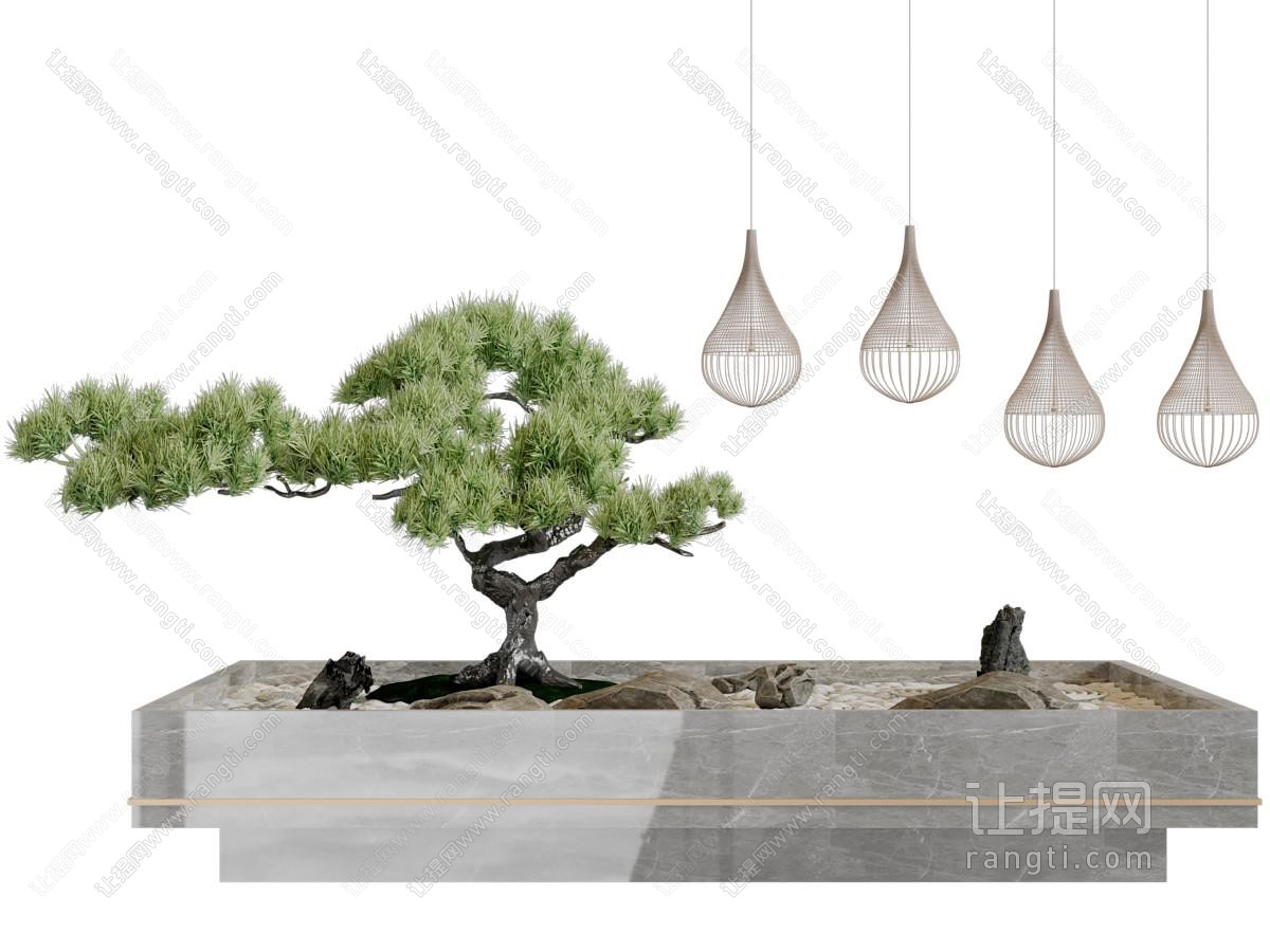 新中式花坛里的松树景观园艺小品