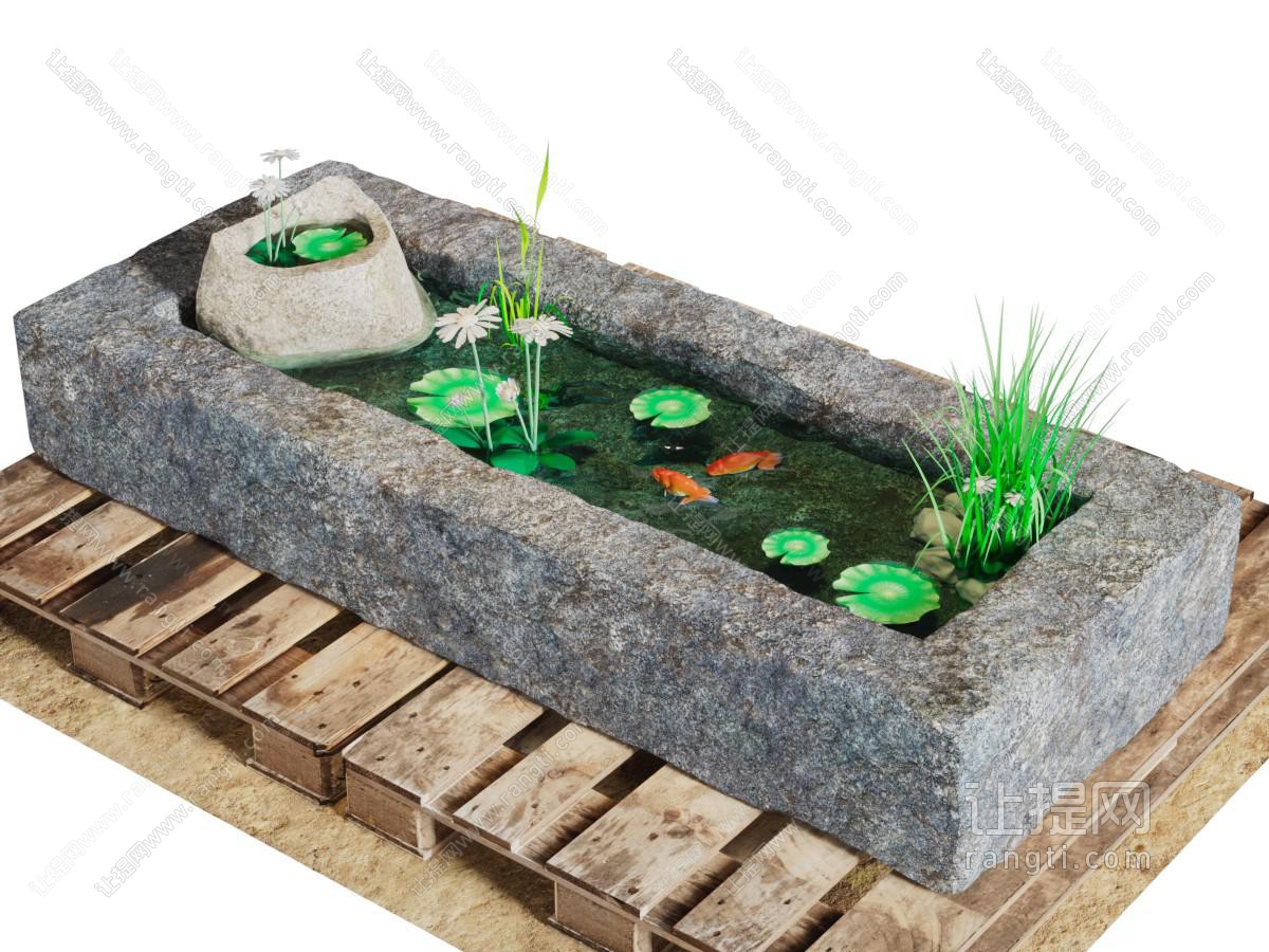 中式长方形石塘水池园艺小品