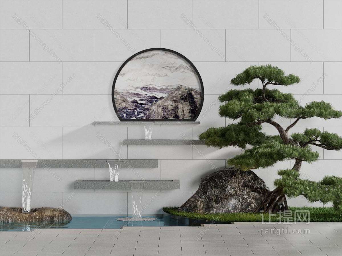 中式瀑布松树景观园艺小品