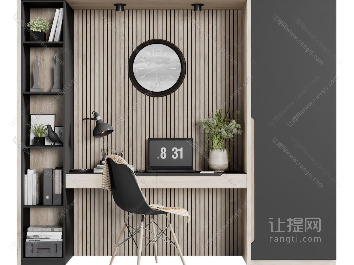 北欧实木带装饰柜的书桌椅组合