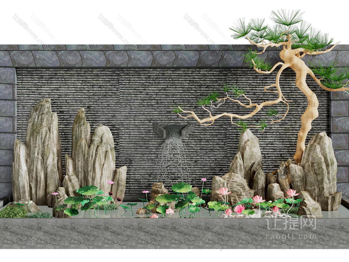 新中式松树假山荷花景观园艺小品