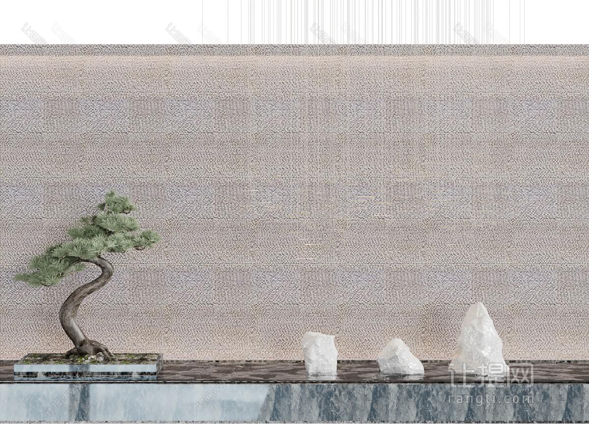 中式松树、水池景观园艺小品