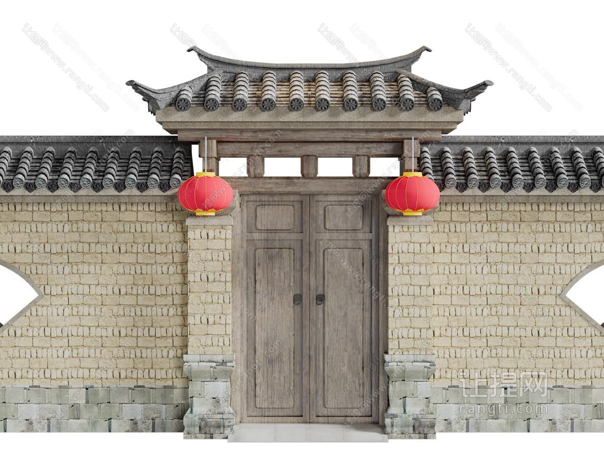中式做旧实木大门、围墙