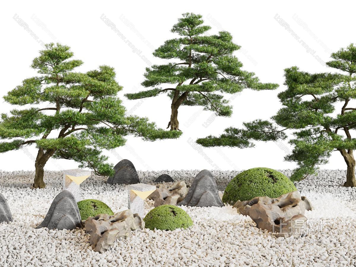 中式松树、石头景观园艺小品