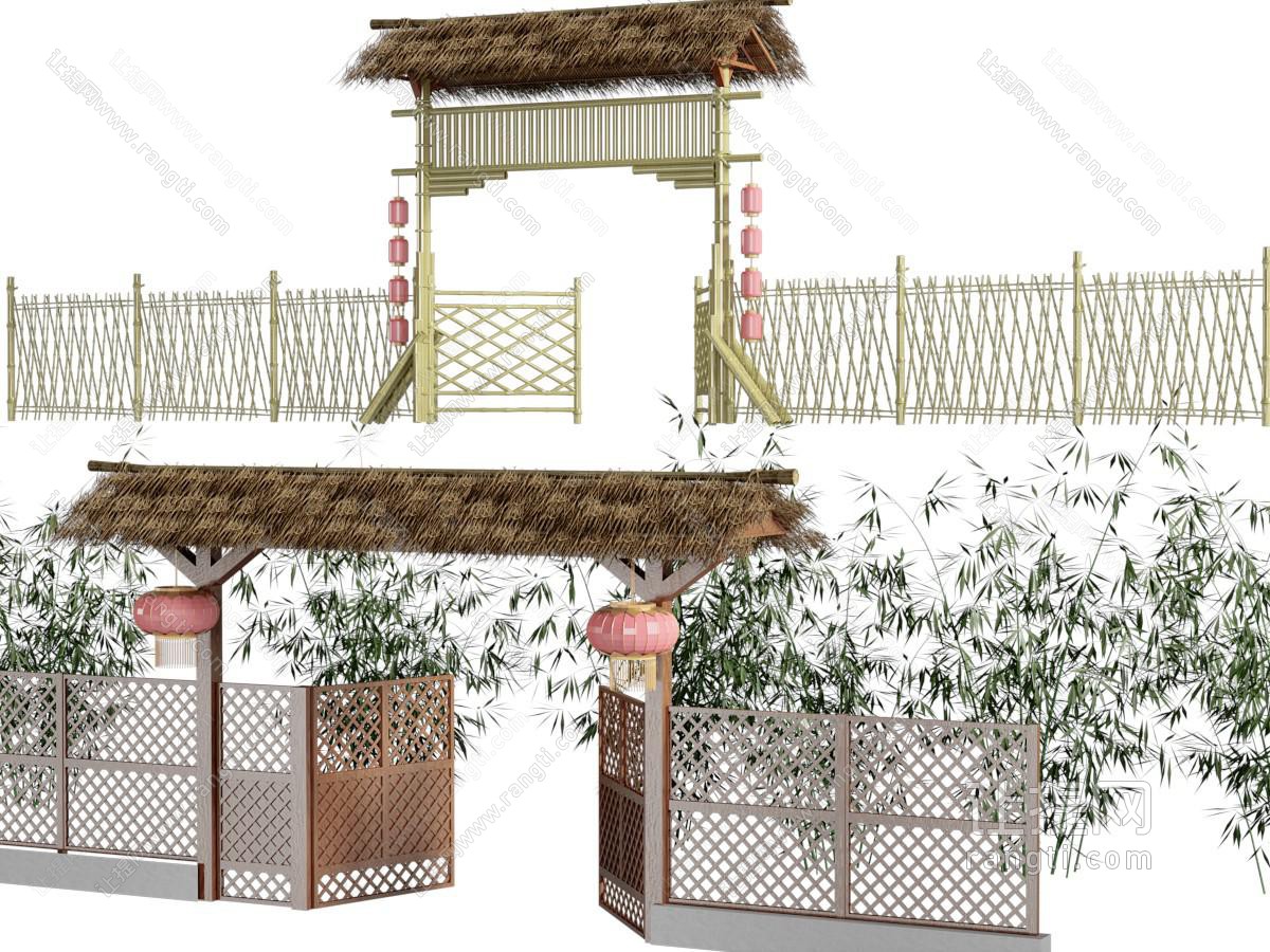 中式实木仿古大门、围栏
