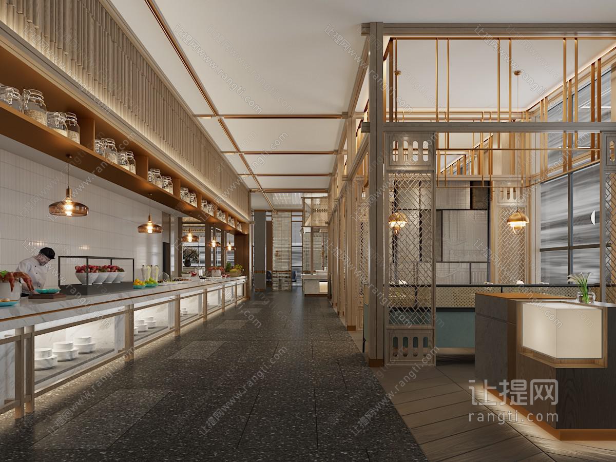 现代饭店餐馆就餐区、过道