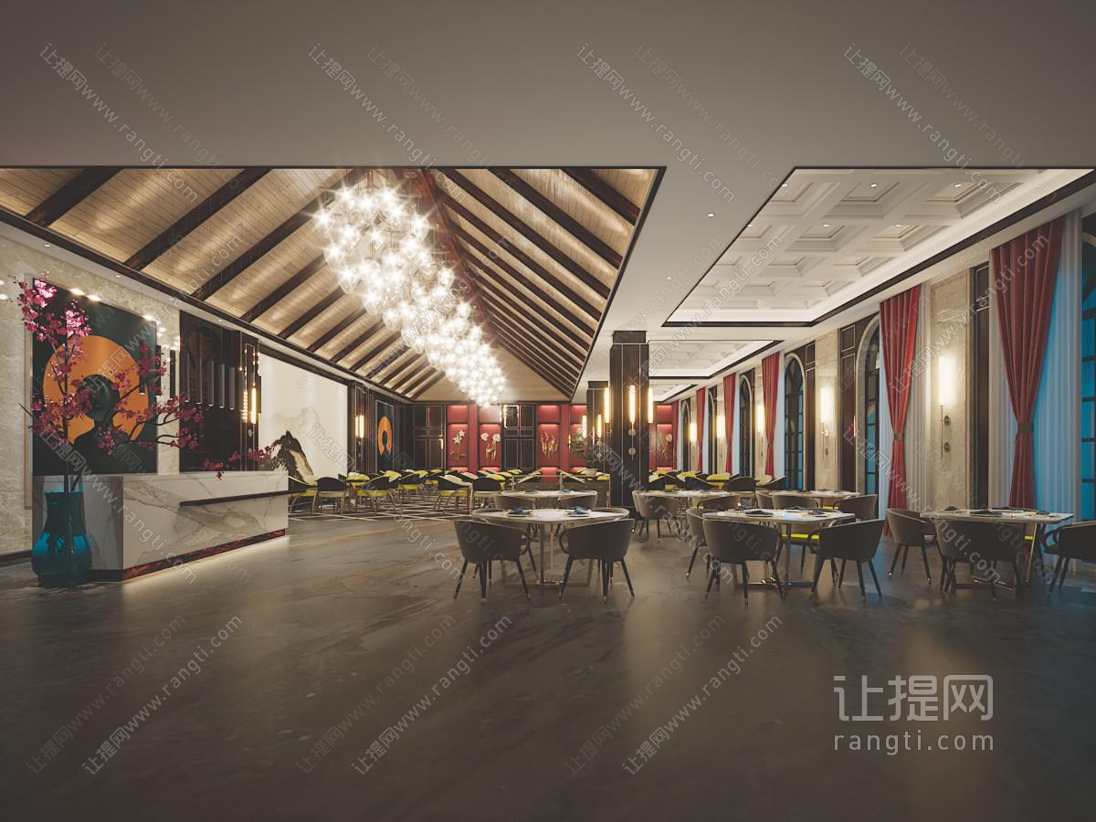 新中式酒店大堂就餐区、宴客厅