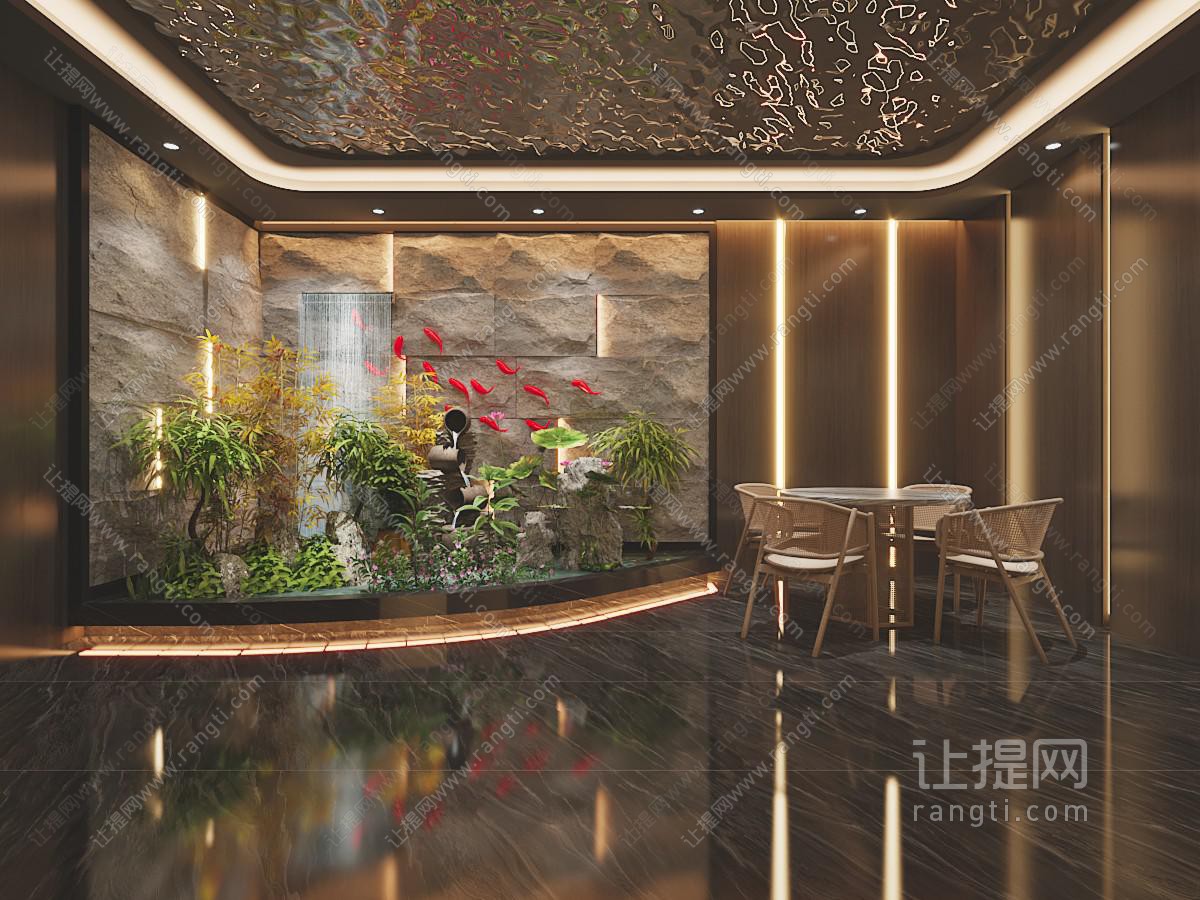 新中式大厅、室内景观小品