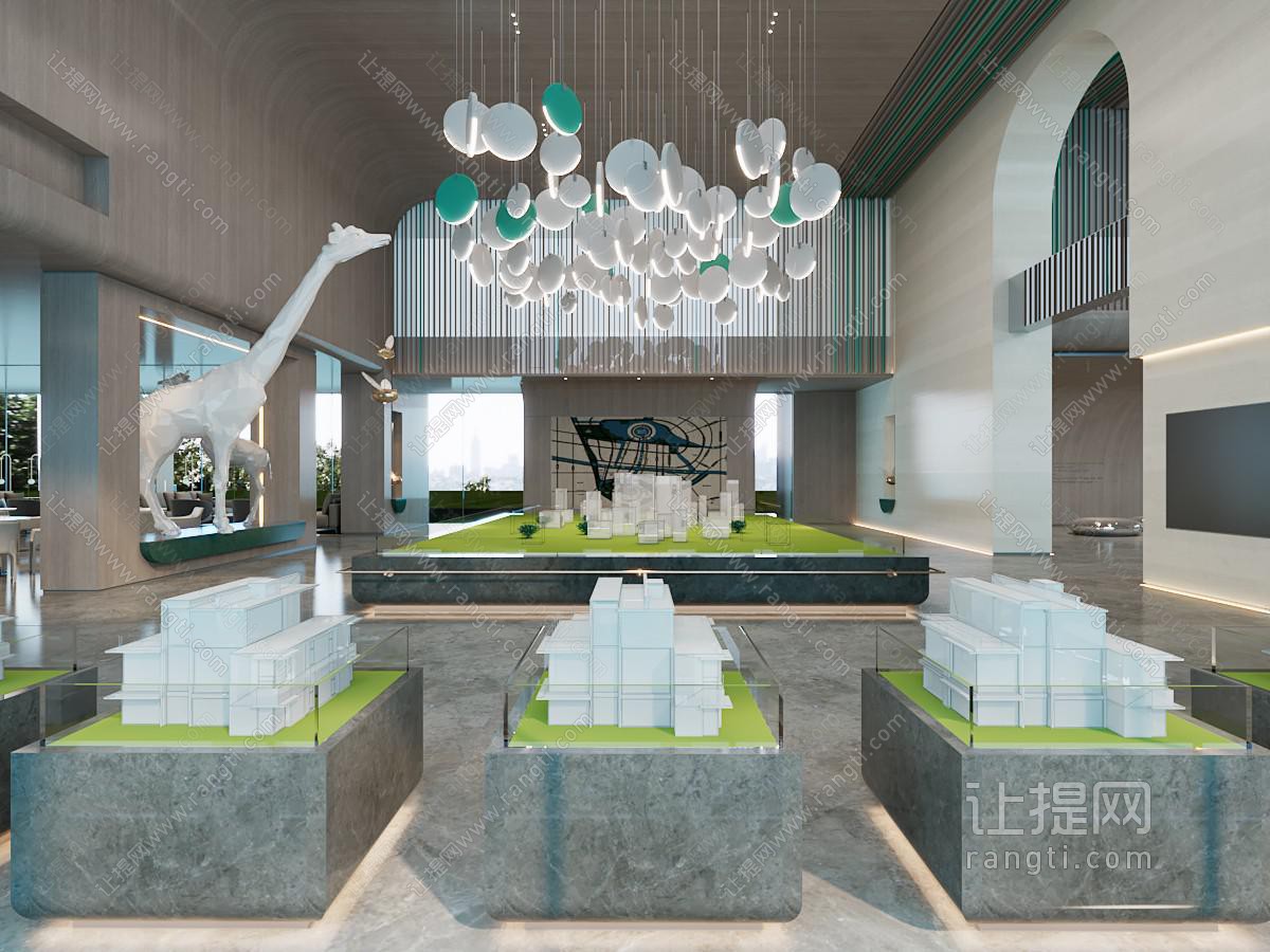 现代售楼处大堂前台接待区、沙盘