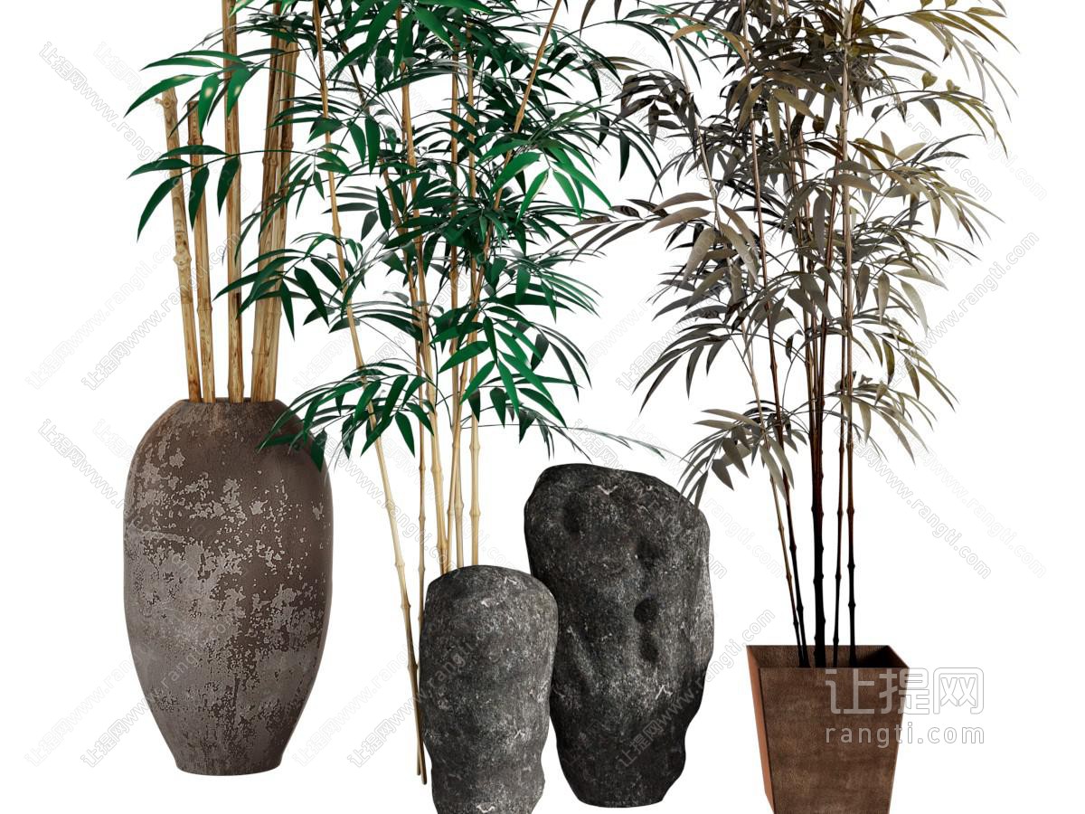 新中式花盆竹子、石头景观园艺小品