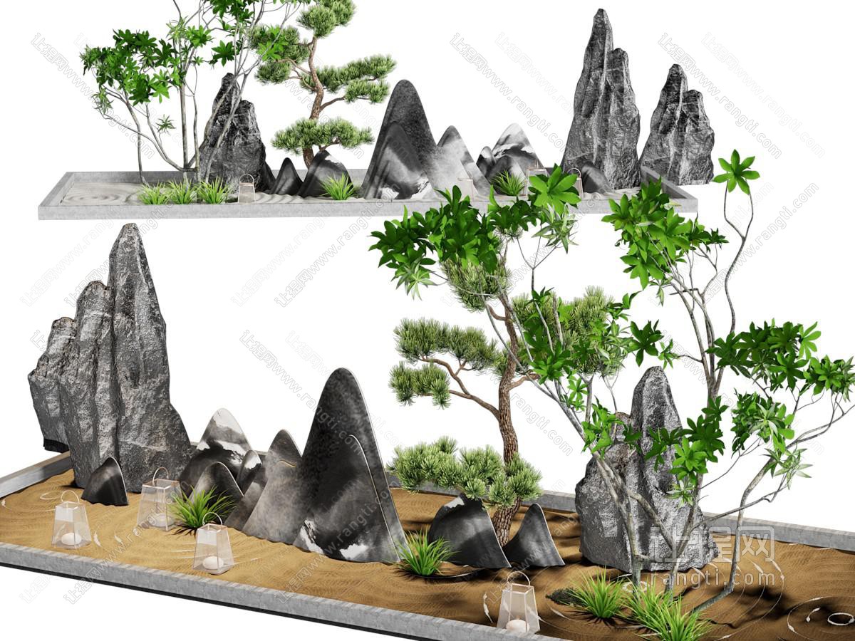 新中式假山、松树景观园艺小品