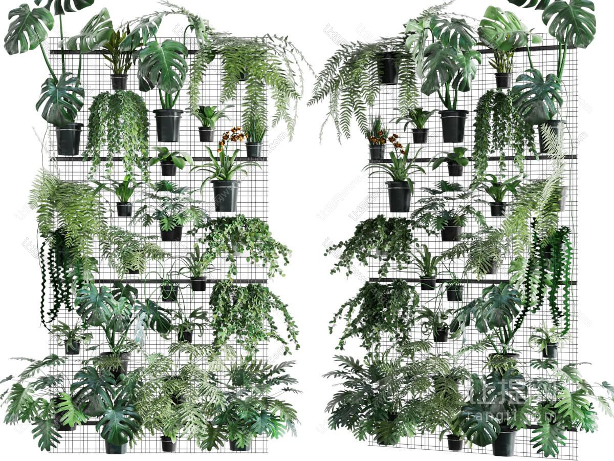 现代铁丝网墙面盆栽植物背景墙