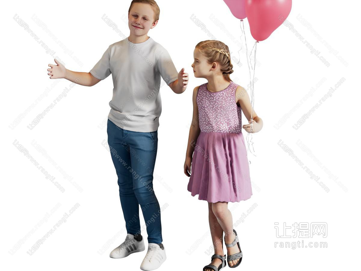 现代男孩和拿着气球的女孩人物 儿童