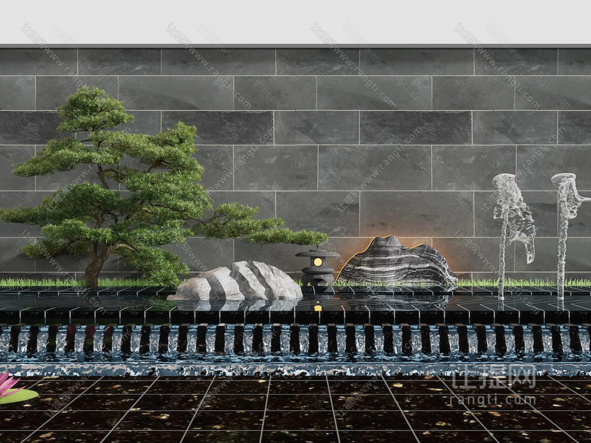 新中式水景、松树景观园艺小品