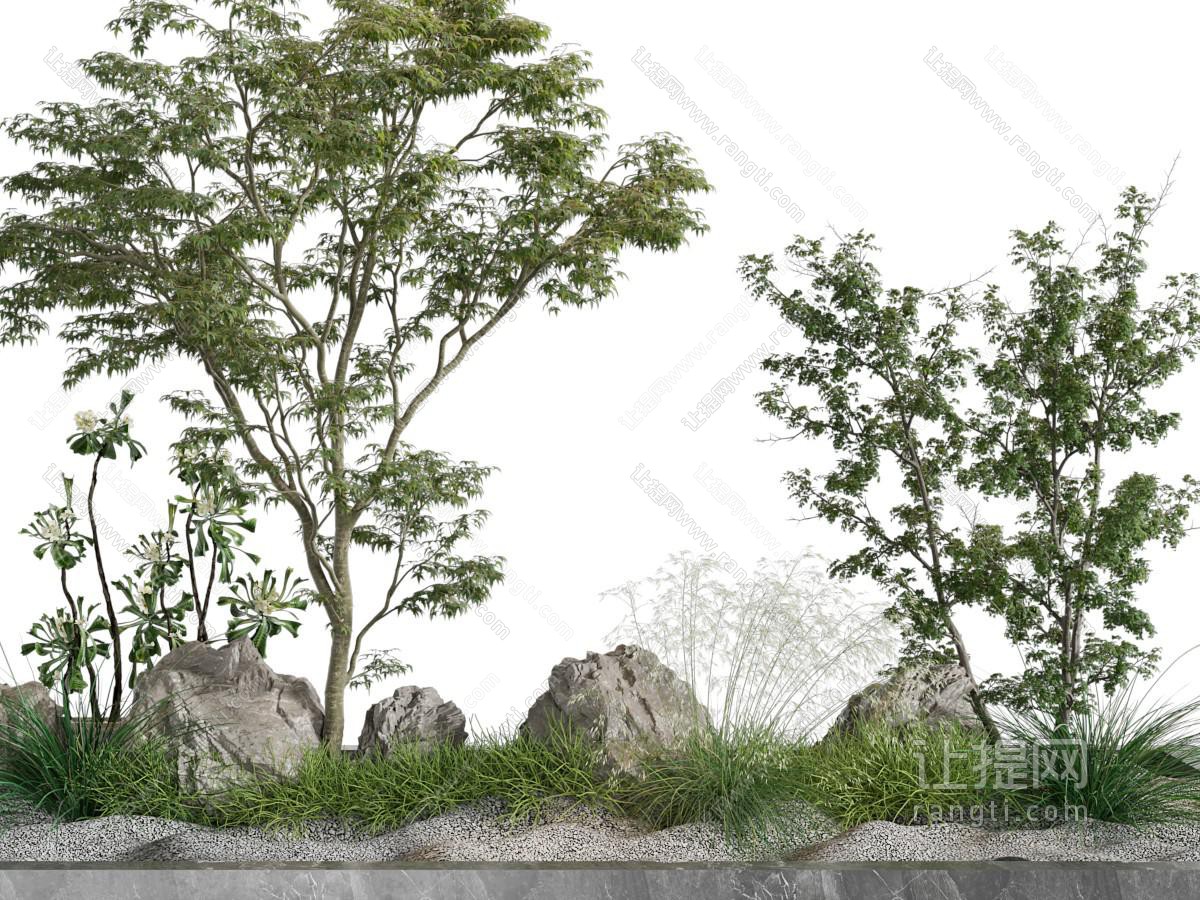 现代石头、树木景观园艺小品