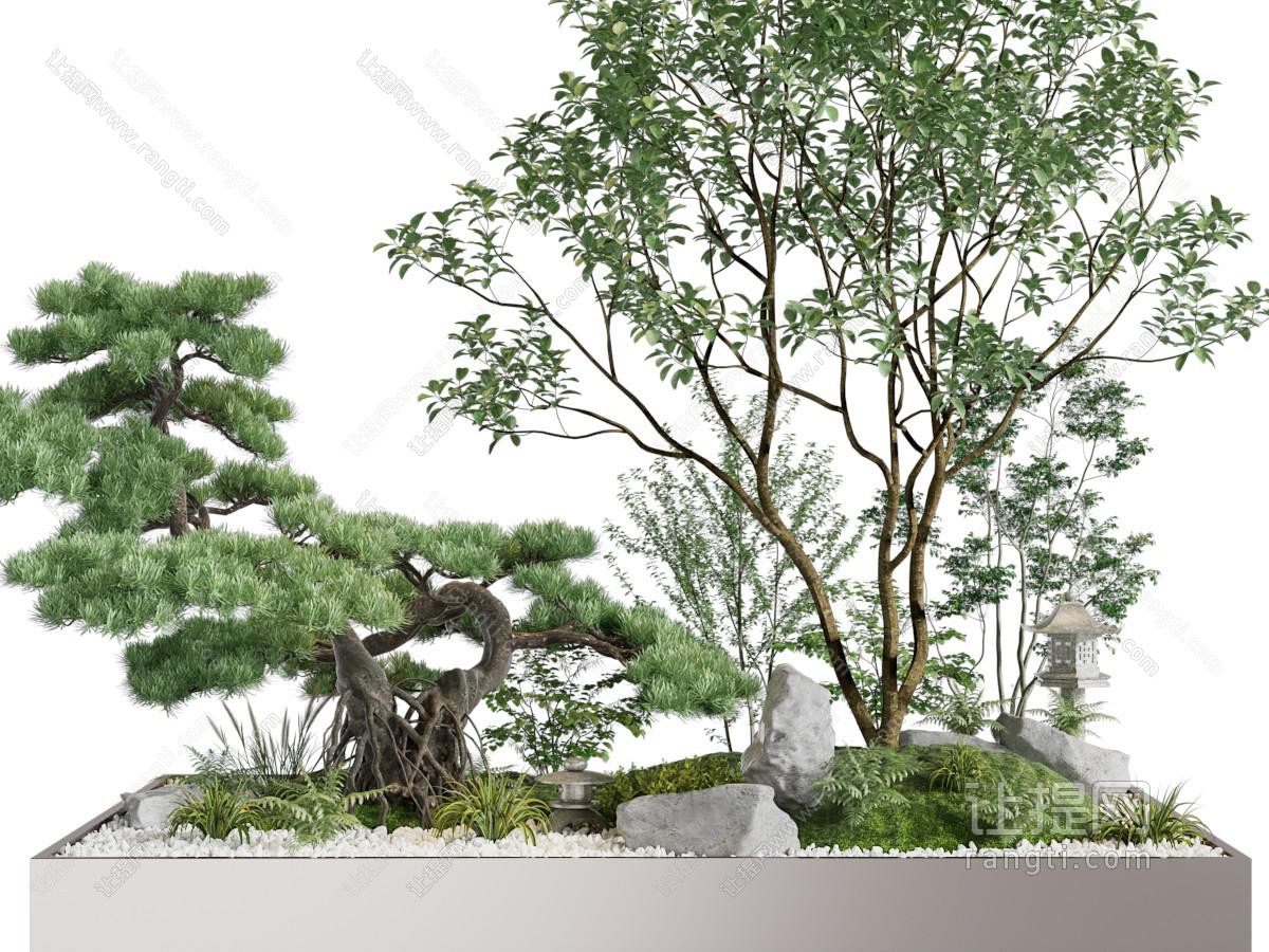 新中式松树、石头景观园艺小品