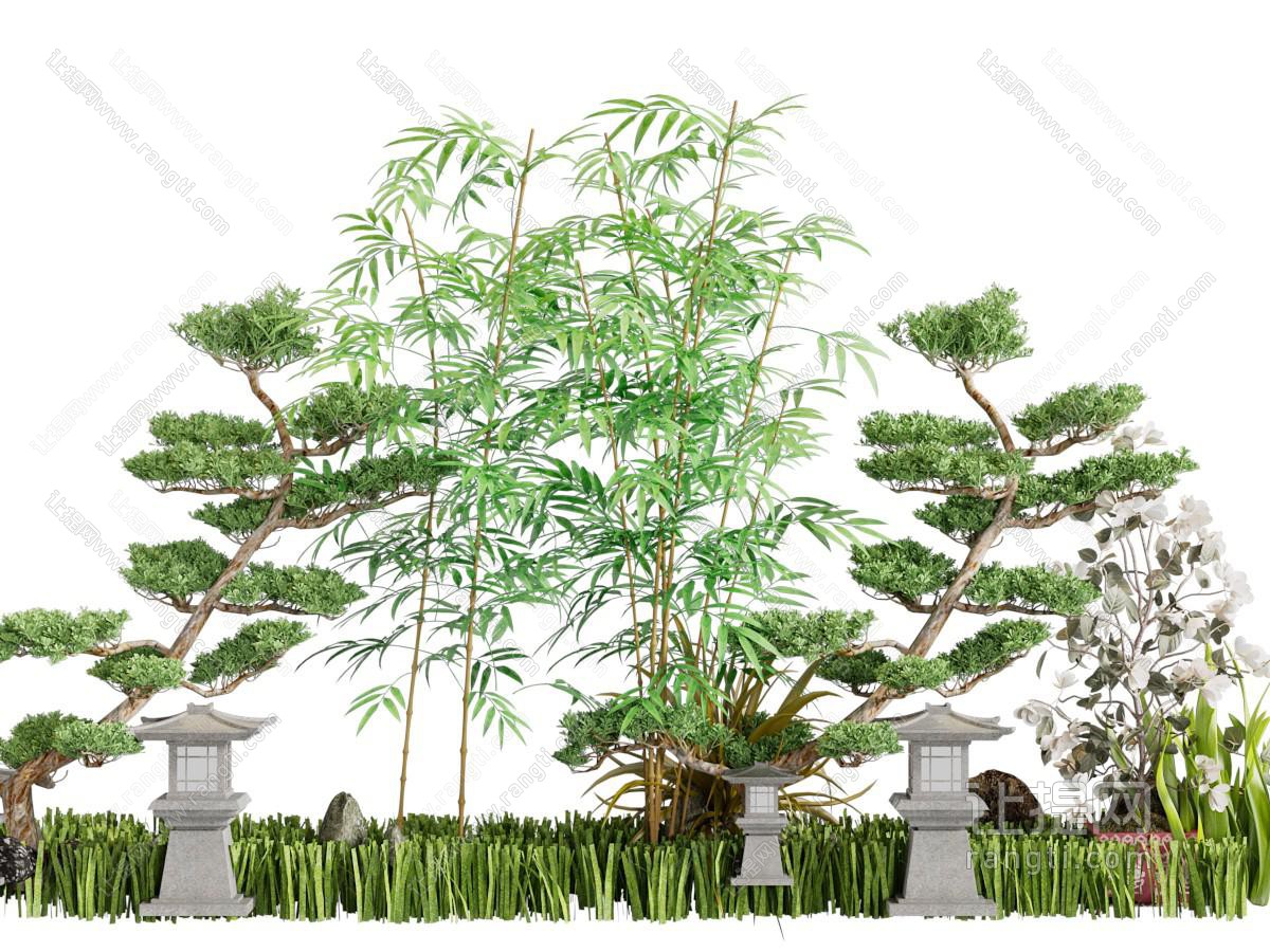新中式竹子、松树景观园艺小品