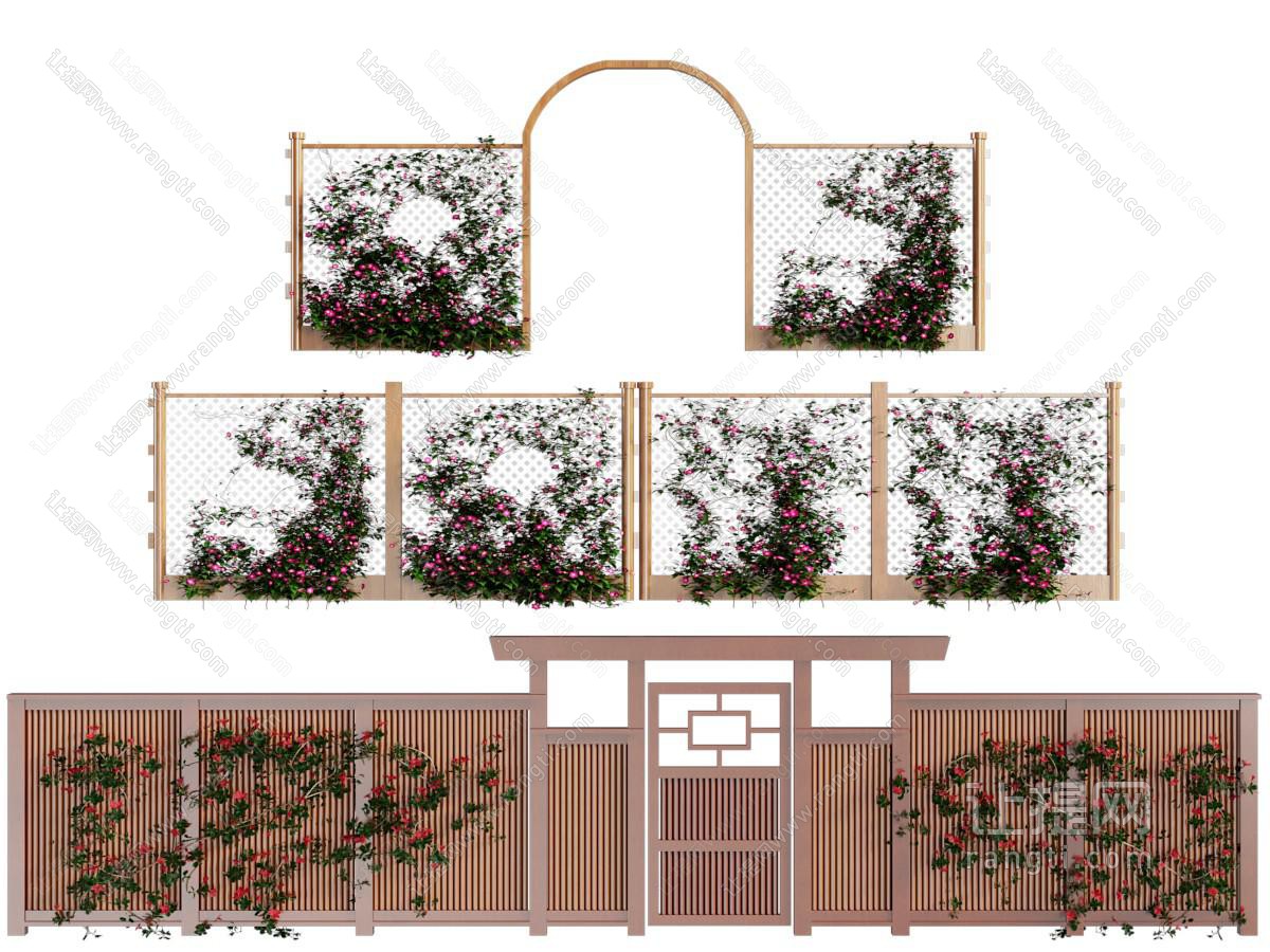 新中式植物墙、围墙、大门