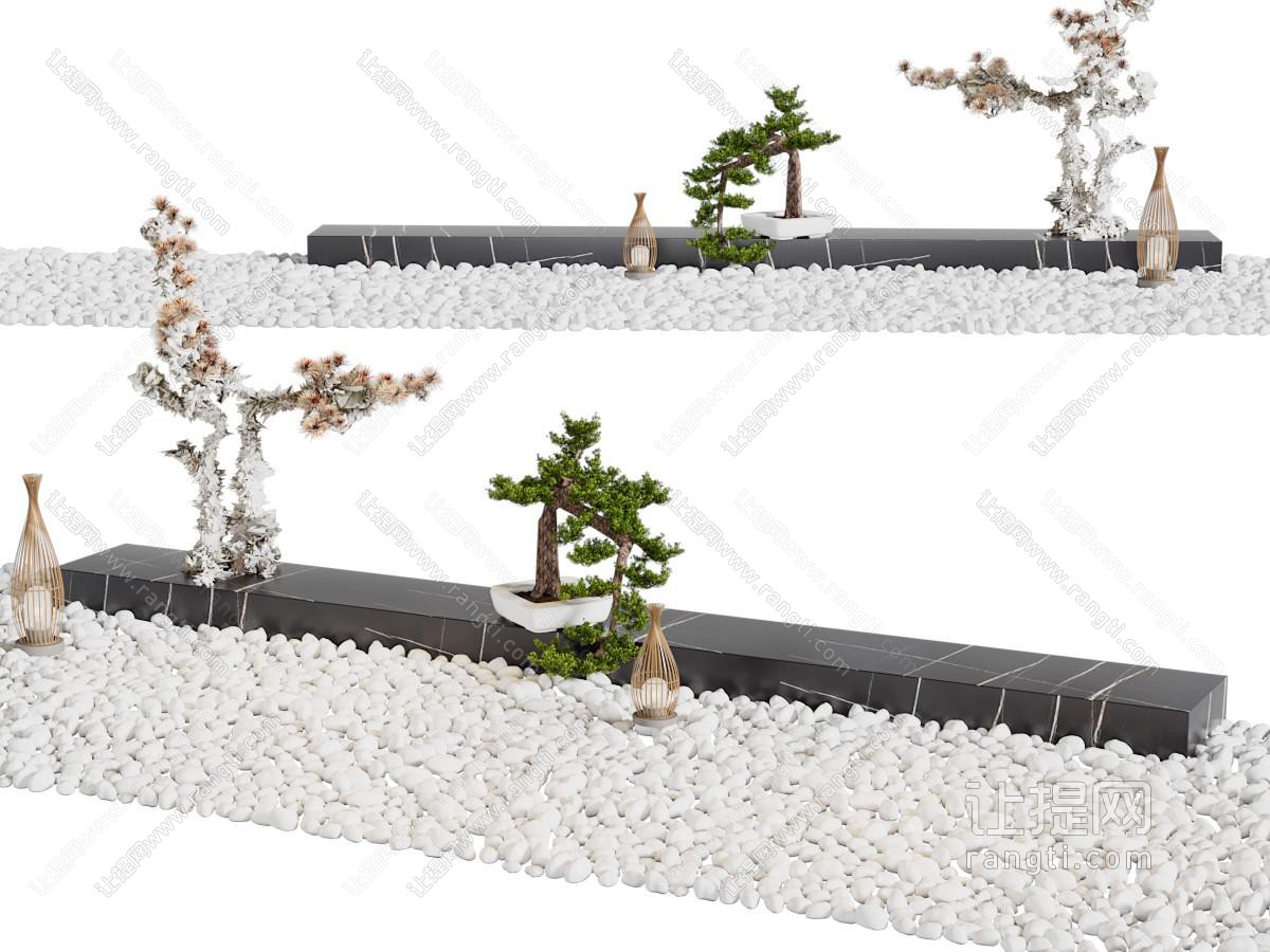 新中式石子、松树盆景景观小品