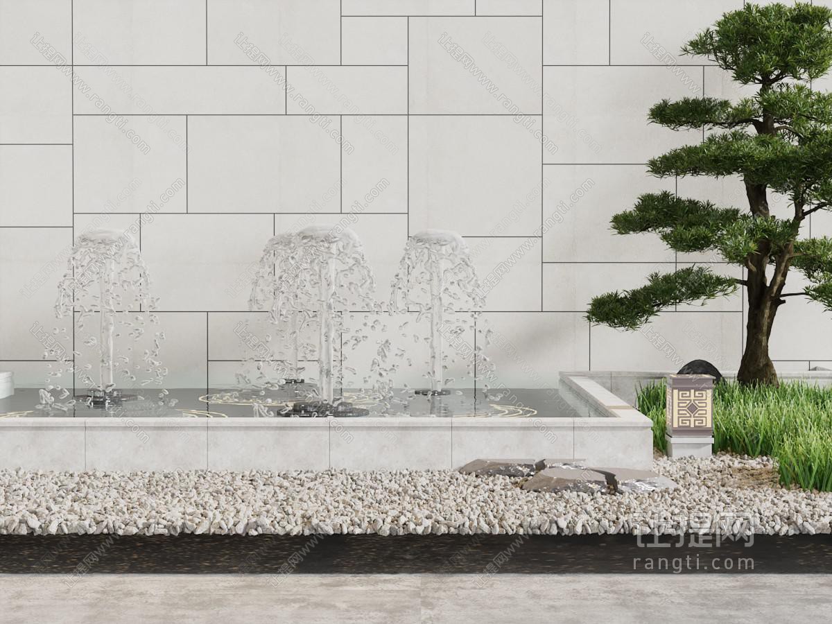 新中式水景、松树石子景观园艺小品
