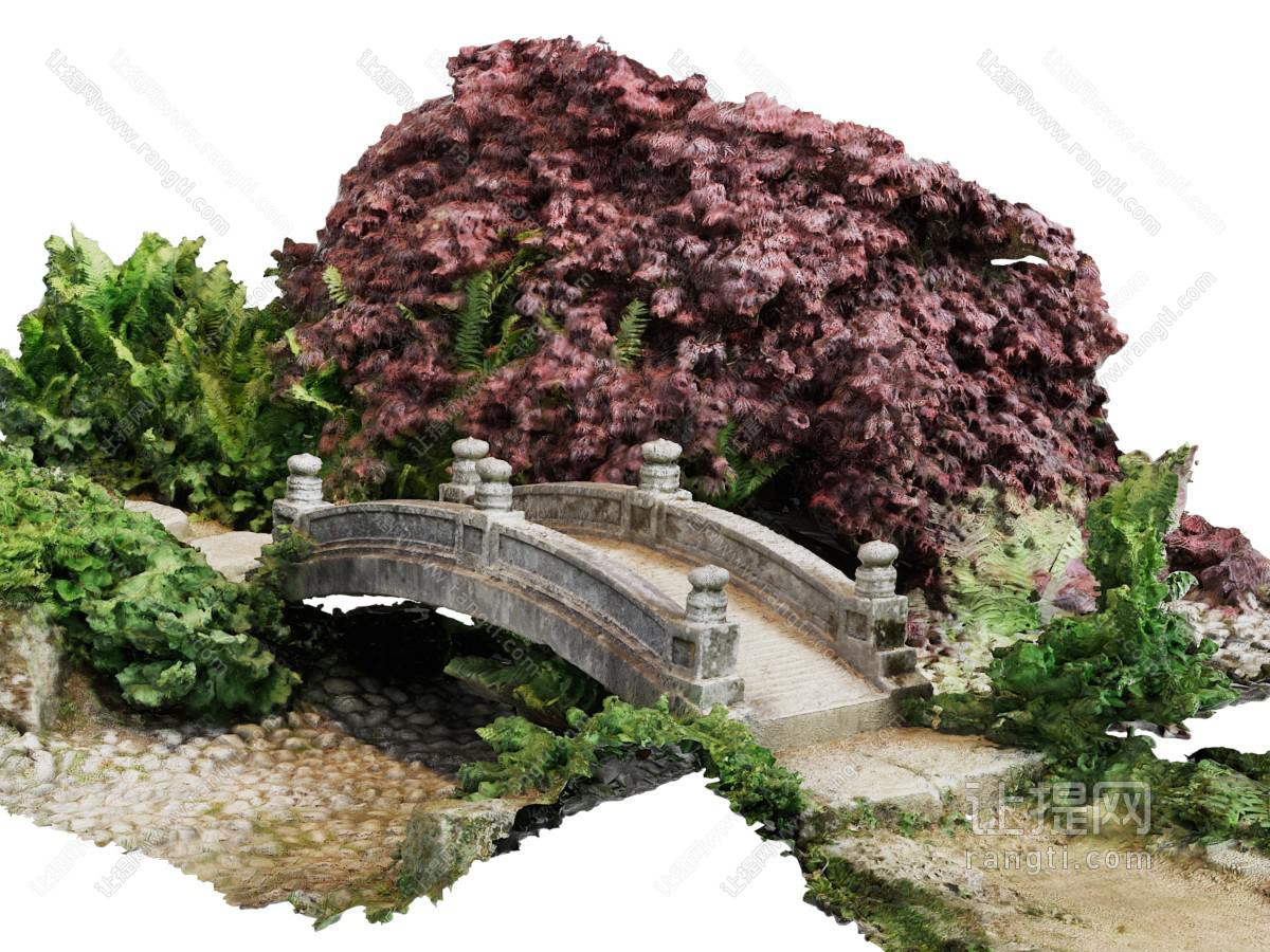 新中式小桥、石头、花草景观园艺小品