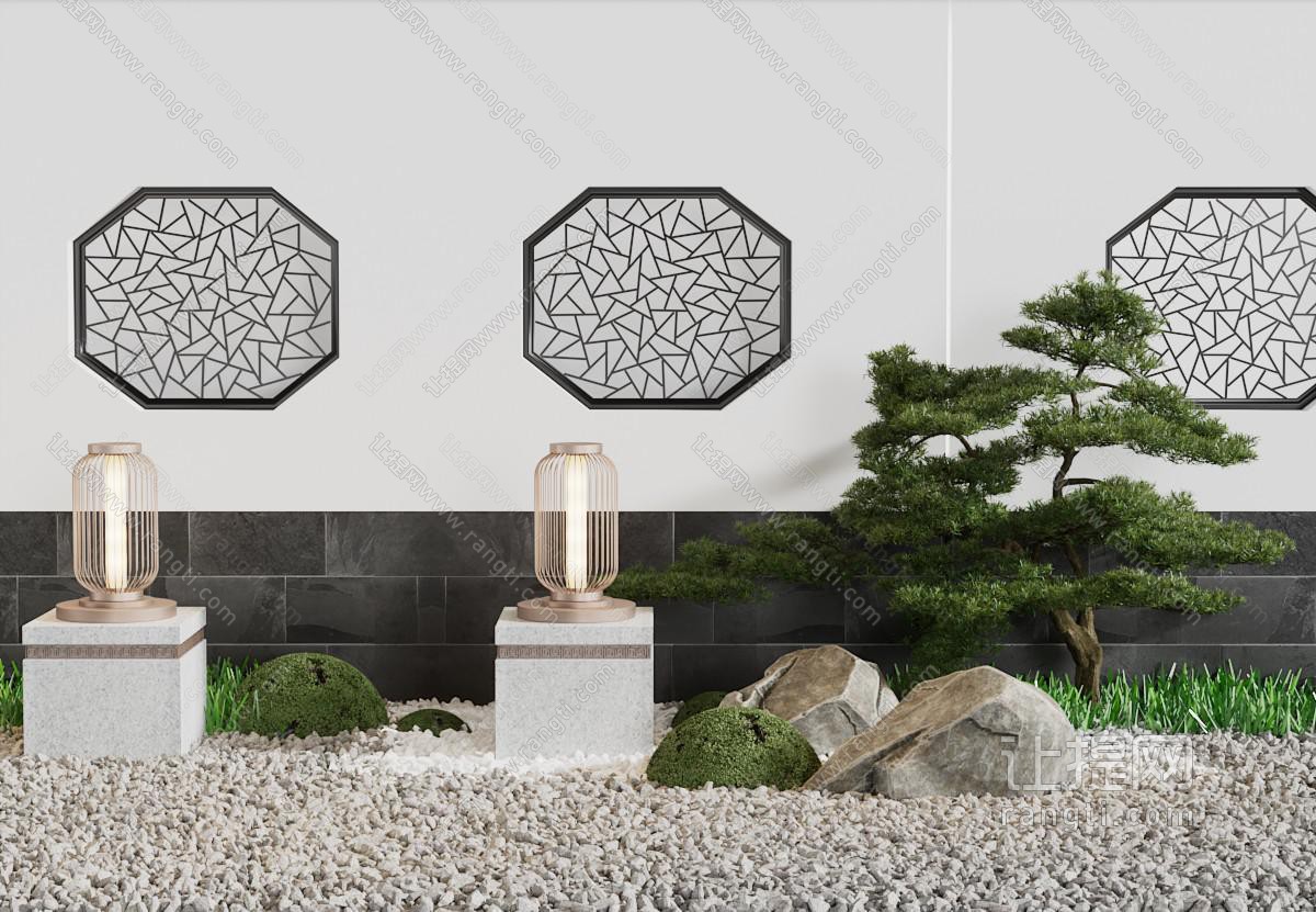 新中式景观墙、石头、地灯园艺小品