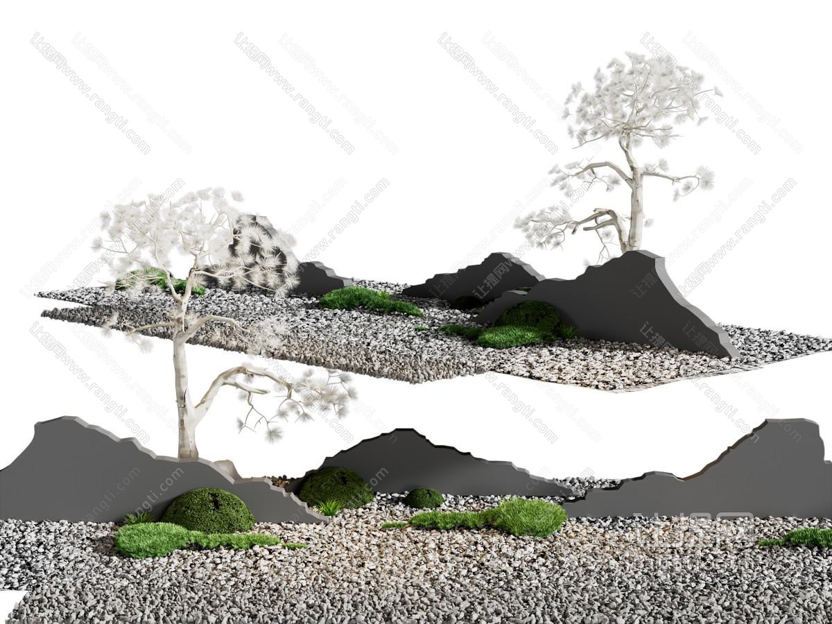 新中式假山、松树、石子景观园艺小品