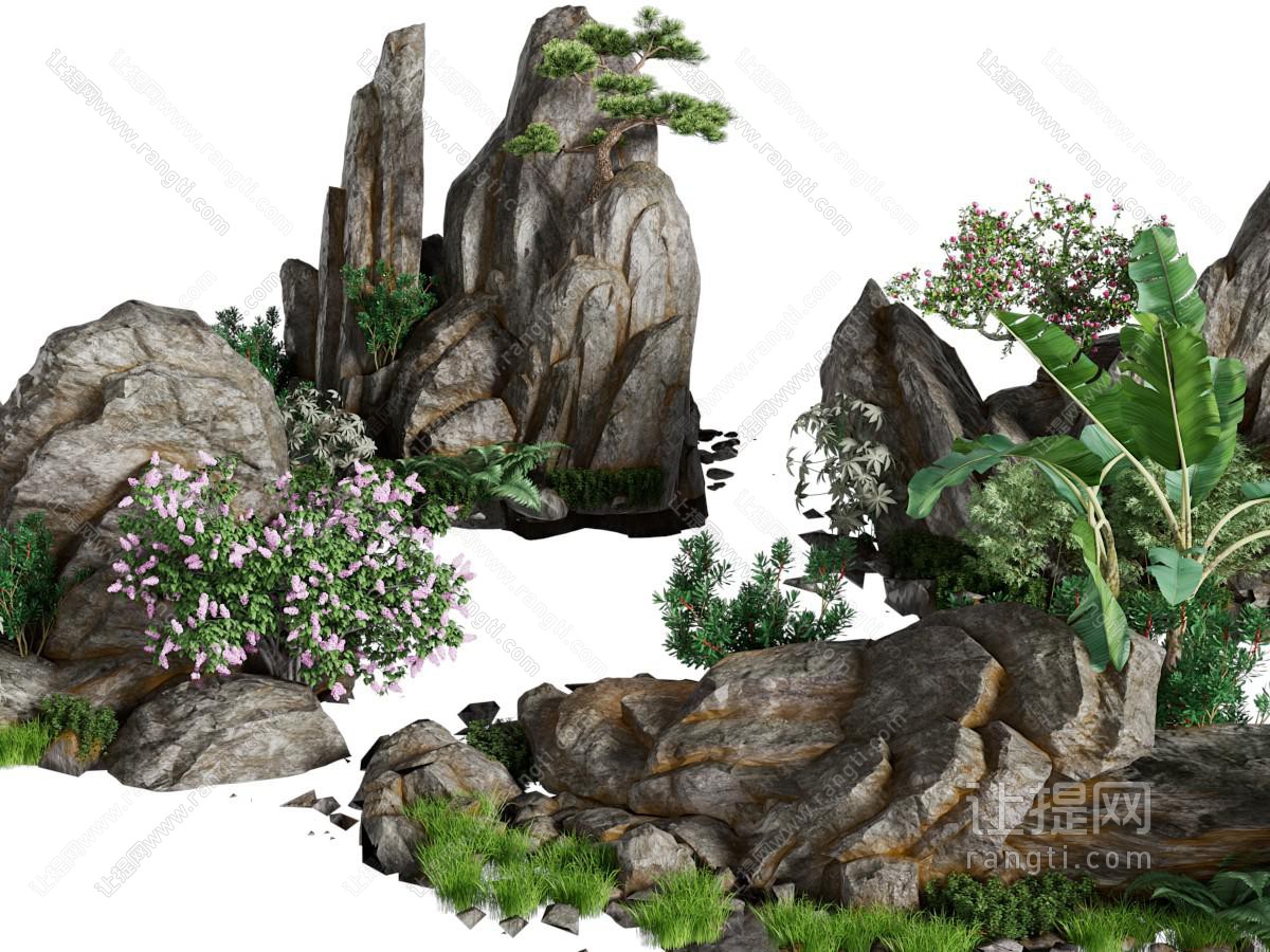 新中式假山、花草景观园艺小品