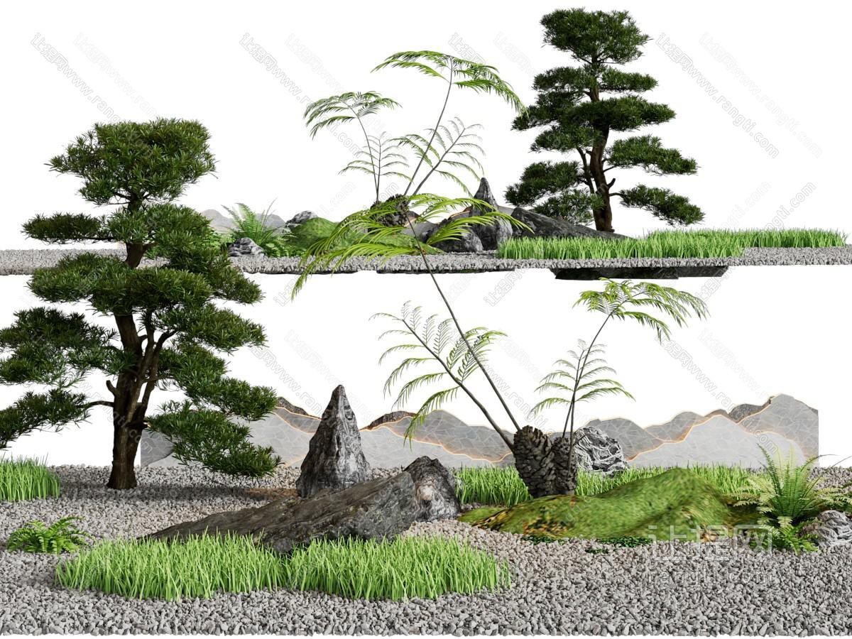 新中式松树、假山景观园艺小品