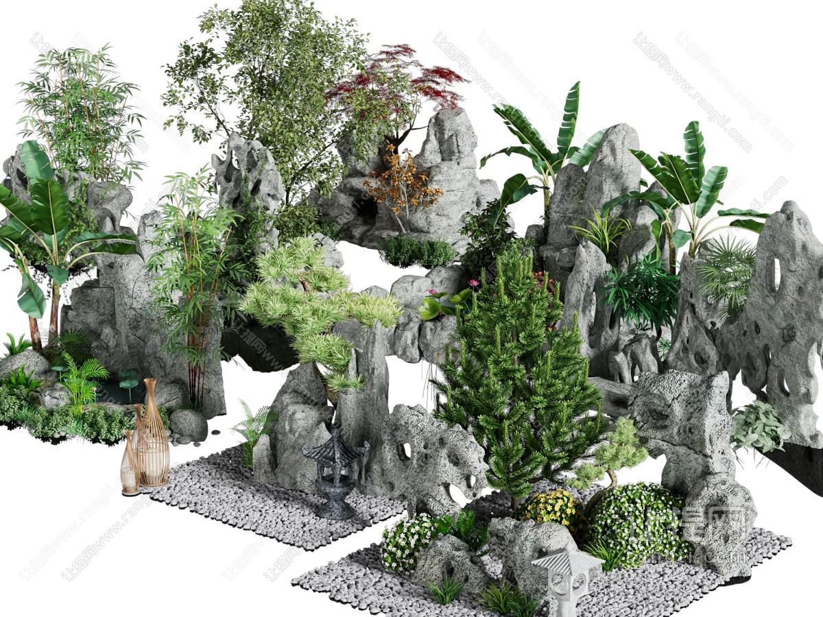 新中式假山、花草树木景观园艺小品