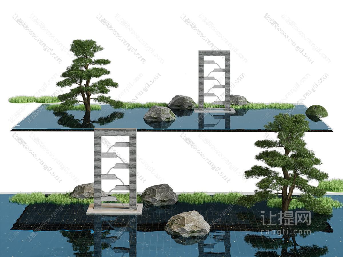 新中式松树、石头景观园艺小品