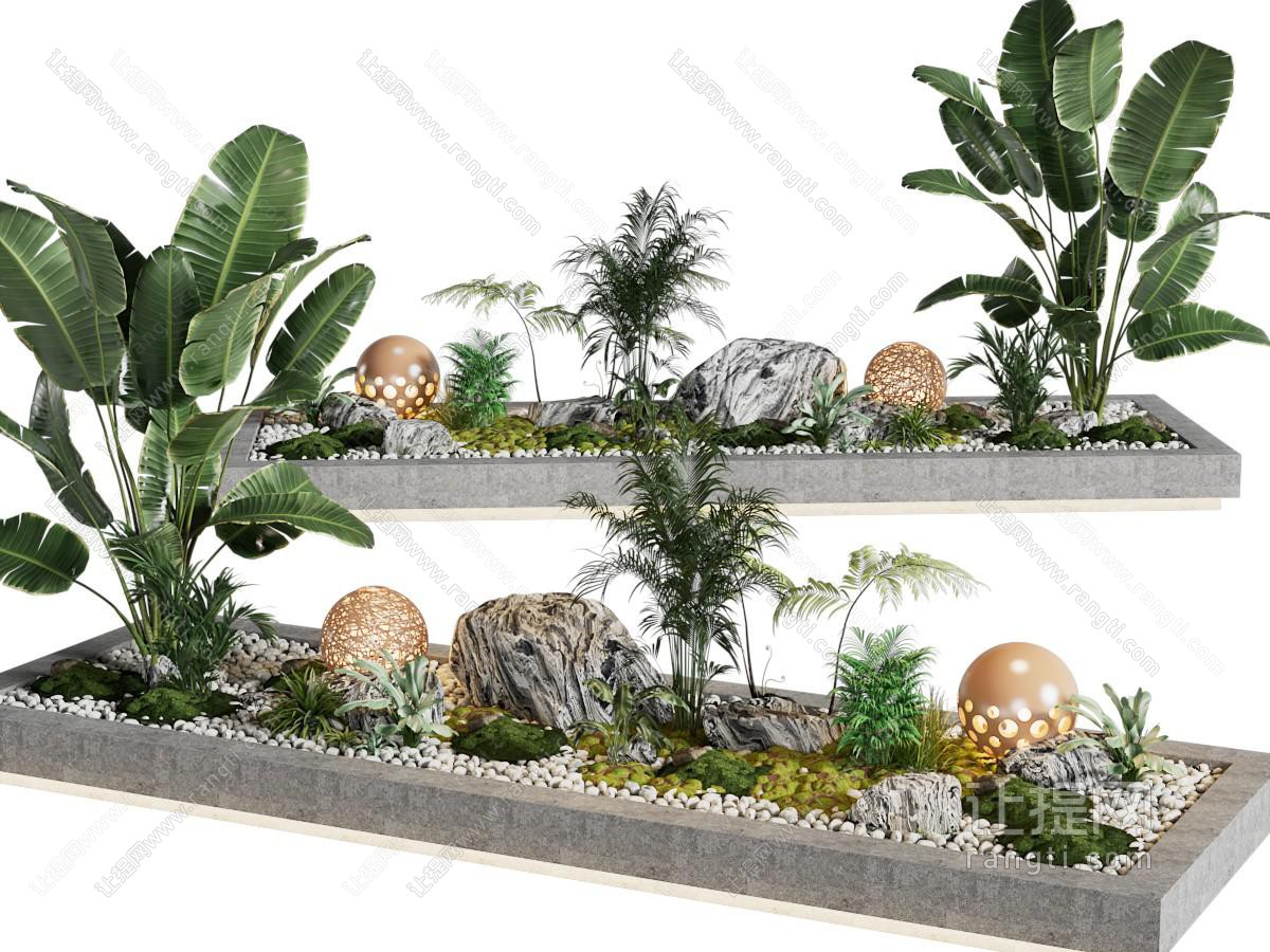 新中式石头、芭蕉景观园艺小品