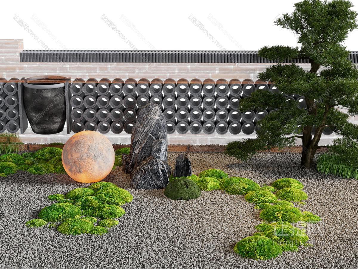 新中式松树、石子和景观墙园艺小品