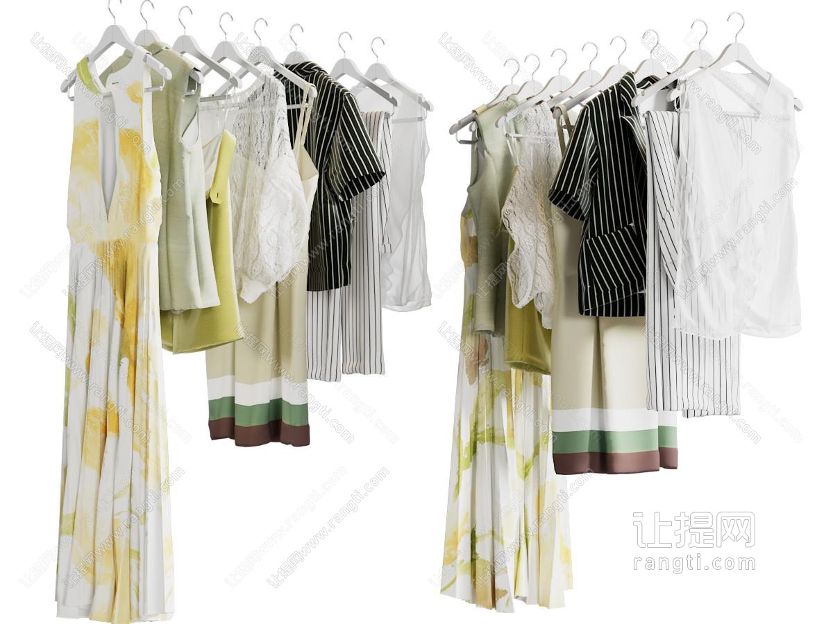 现代挂在衣架上的女装衣服